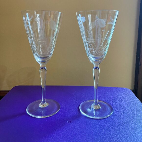 Etched glass wine or water goblets - Picture 1 of 4